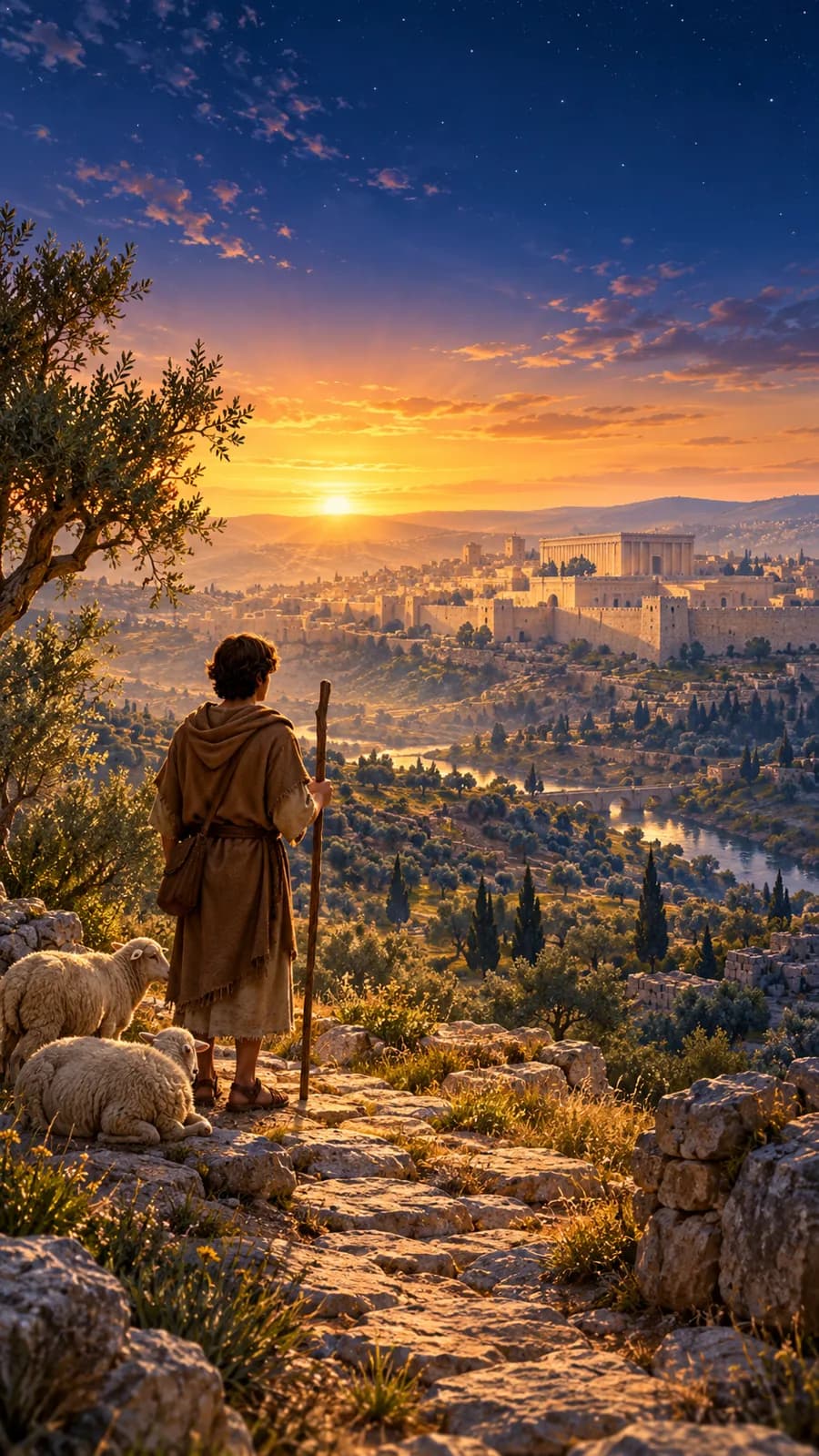 A young shepherd with a staff and two sheep looking across an olive valley toward ancient Jerusalem at dawn